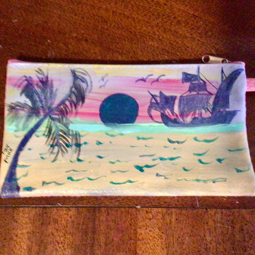 Handpainted wristlet, tropical ocean scene wrist wallet